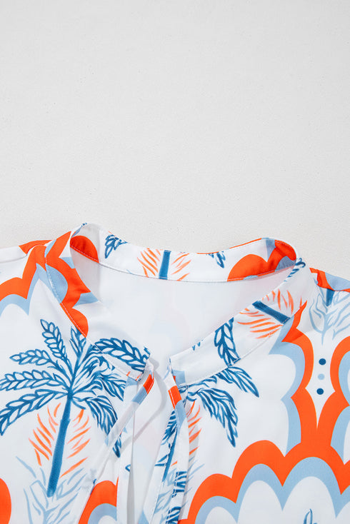Orange Contrast Palm Tree Printed Short Sleeve Flowy Dress